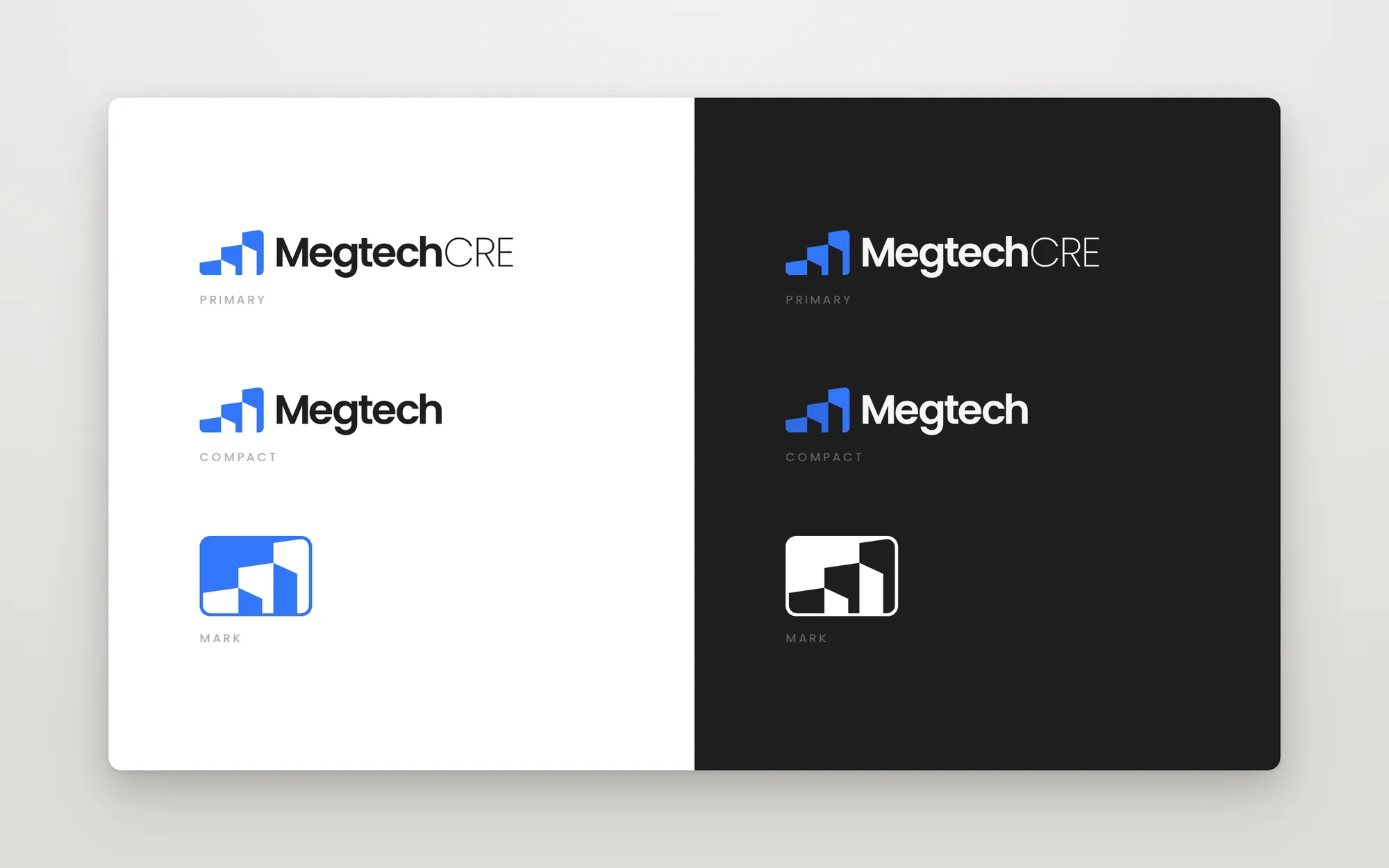 Megtech logo system — primary, compact, and mark lockups on light and dark