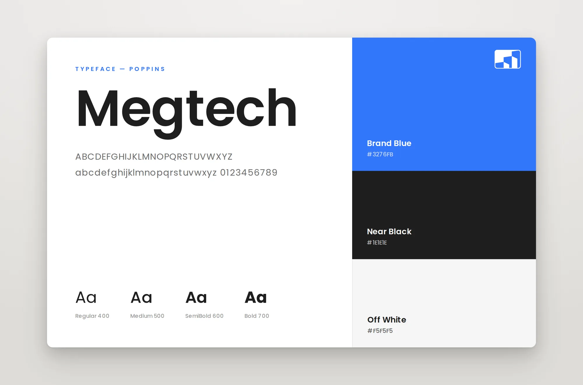 Type and color — Poppins with brand blue, near black, and off white