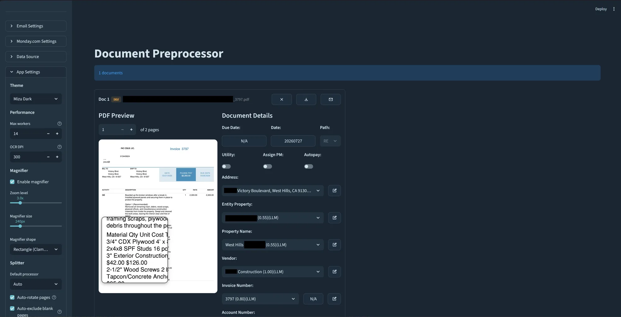Roz document preprocessor — extracted fields with confidence scores against a PDF preview