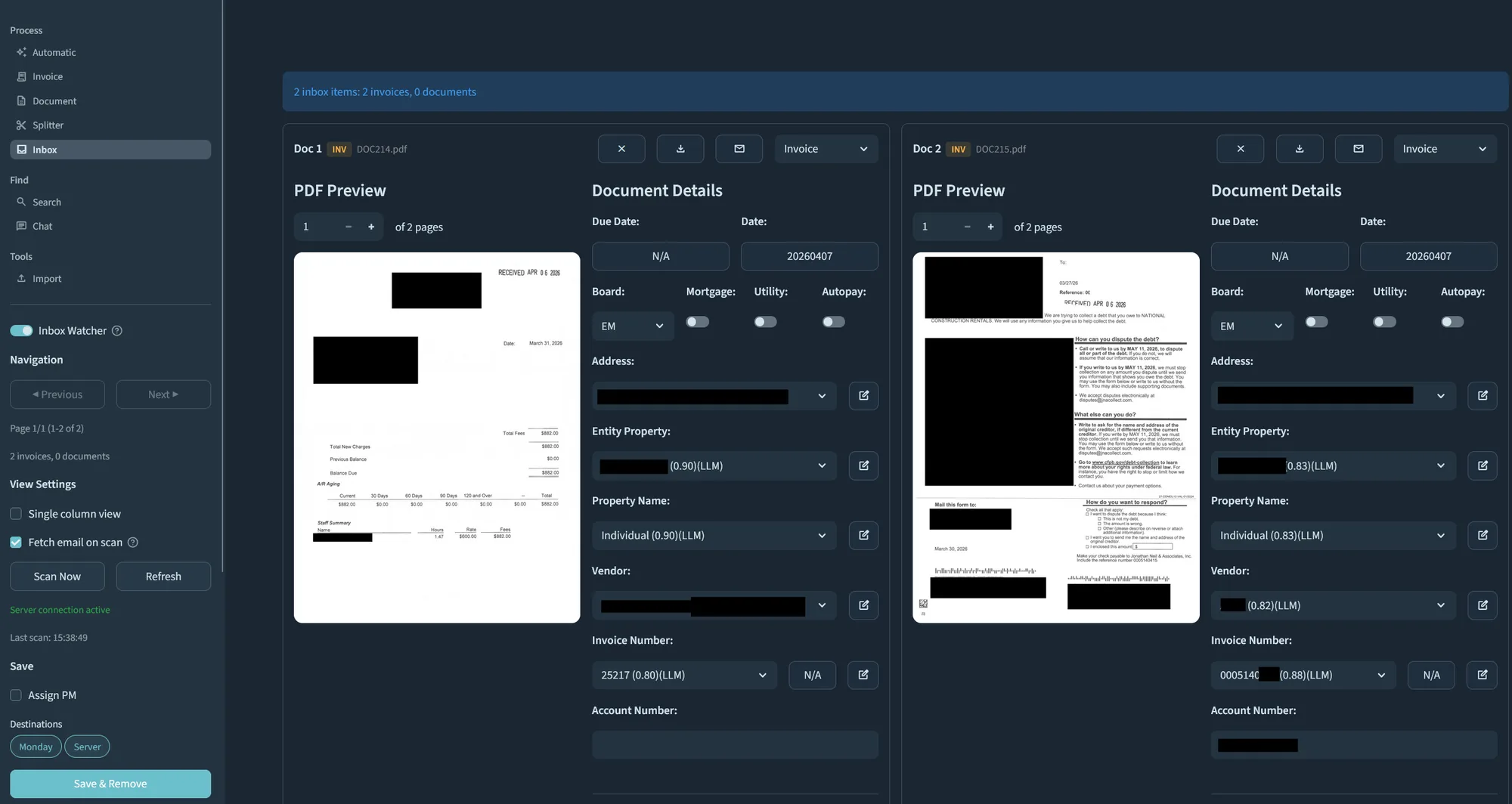 Roz inbox — incoming documents reviewed side by side